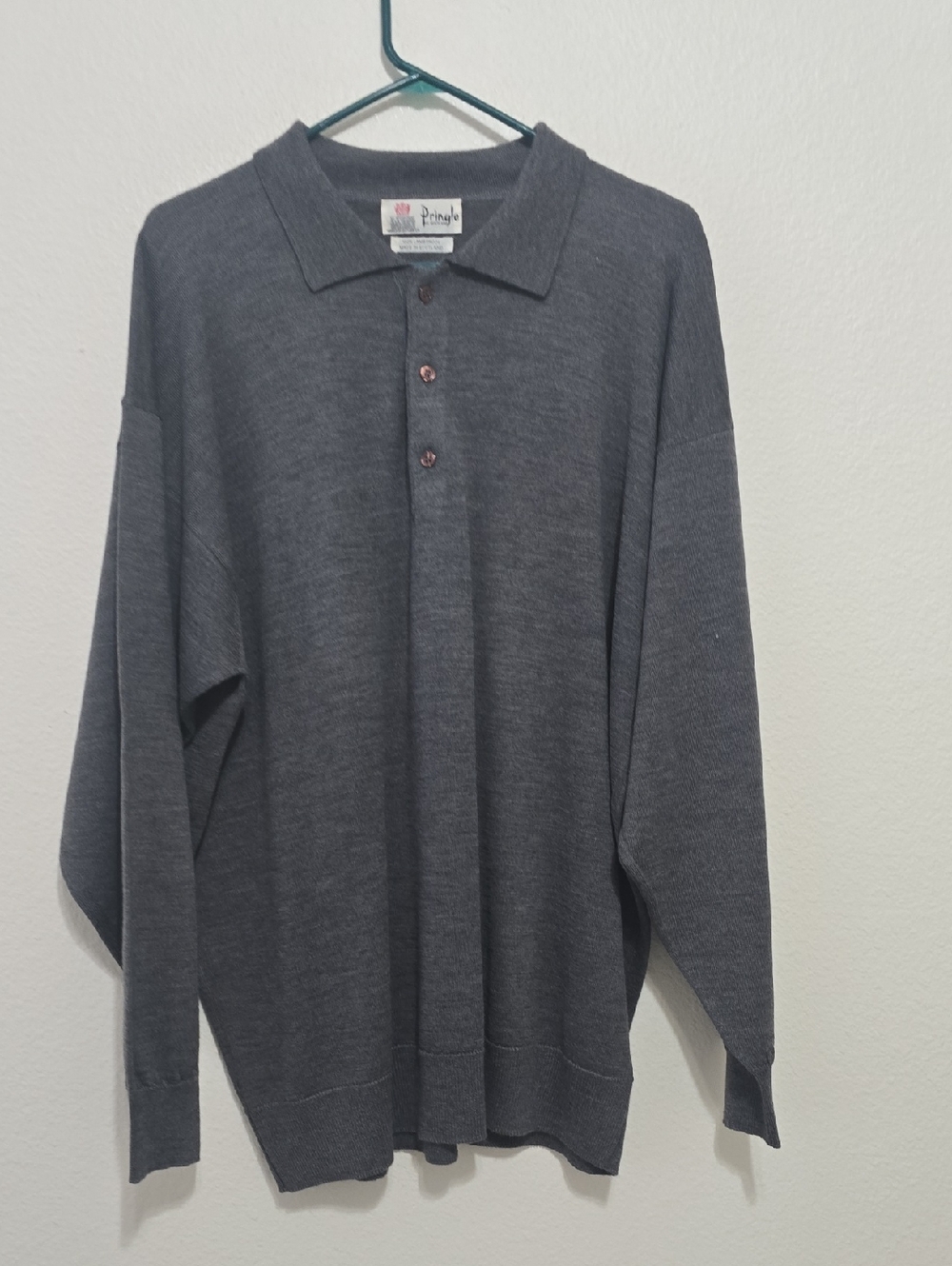 Pringle Of Scotland Men's LambswoolLong-Sleeve Polo‎ Sweater - Charcoal Gray XL